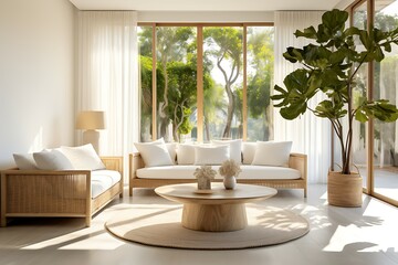 Fototapeta premium Bright and Airy Living Room: White Couch, Coffee Table, and Fresh Potted Plant