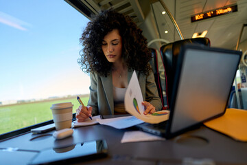 Curly-haired professional analyzing documents with her laptop open on a daytime train.