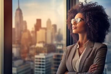 A woman in a business suit is looking out the window of a high rise building