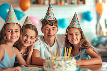 A lively scene from a children s birthday party at home. ids are gathered around a table with two birthday cakes, wearing colorful party hats and surrounded by balloons