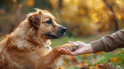 education and training of dog giving paw
