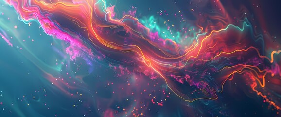 Cosmic currents carry neon ribbons on a celestial journey, their vibrant hues swirling and mingling in a mesmerizing display of liquid luminescence. - obrazy, fototapety, plakaty