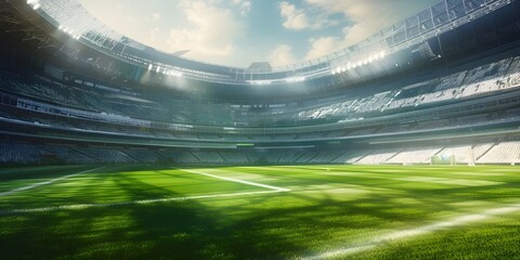 Football field, Olympic field under the sunshine, competition field - obrazy, fototapety, plakaty