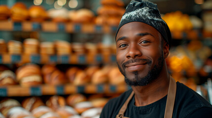 African American baker in bakery joyful artisan bread display - obrazy, fototapety, plakaty