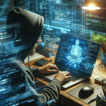 Digital technology, software development concept. Coding programmer working on the laptop with the circuit board and javascript on virtual screen