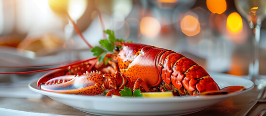 Image of Fresh cooked lobster on a plate close up. Seafood dinner, healthy gourmet plate. printed on Printed Glass Basin Splashbacks