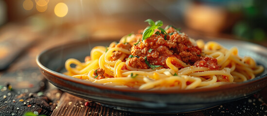 Plate with pasta bolognese. Italian food, dish, meal, dinner. Healthy mediterranean diet eating.	
