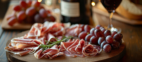  Appetizer and red wine. Salami, prosciutto ham and grape. - 780394208