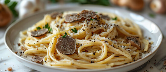Plate with truffle pasta with parmesan cheese. Italian food, dish, meal, dinner. - 780394232