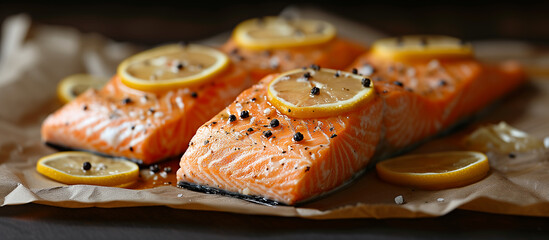 Baked salmon fillet. Cooked red fish with lemon and black pepper. Healthy seafood, dinner, meal. Food and health. - 780394269