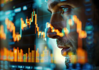 Forex charts, market data diagrams floating with closeup portrait of a man focusing on the market. Generative ai