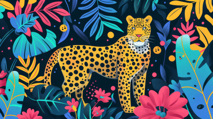 Flat illustration of a leopard in the jungle, surrounded by tropical foliage and flowers
