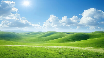 Fototapeta premium hilly landscape with green grass and blue sky 