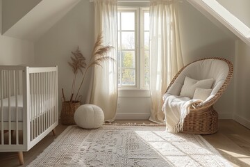 Fototapeta na wymiar A nursery room with a white crib, a rocking chair, and a rug