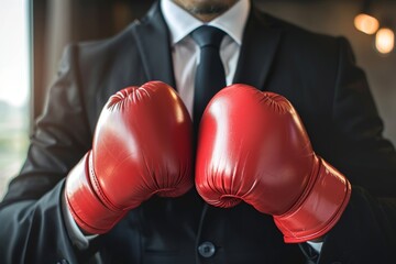 Determined businessman with red boxing gloves ready for corporate challenge