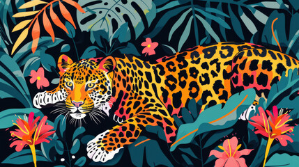Flat illustration of a leopard in the jungle, surrounded by tropical foliage and flowers