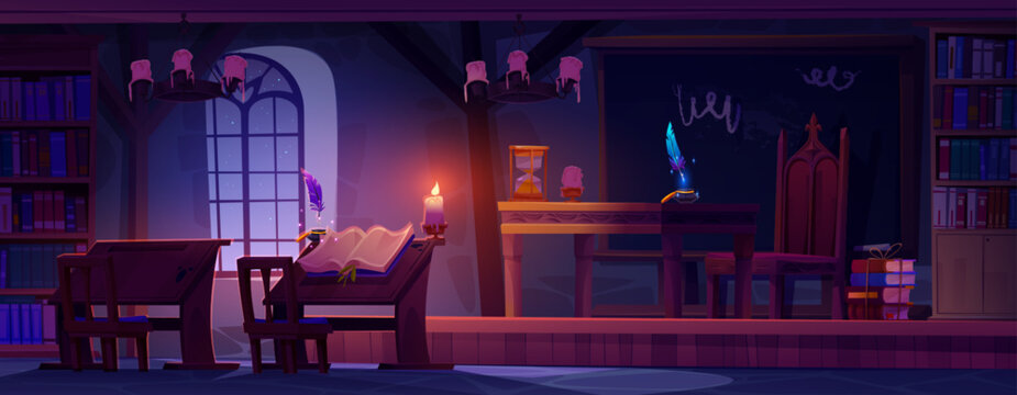 Magic school classroom interior at night. Vector cartoon illustration of dark room with old wooden desks and chairs, ancient books on shelves, blackboard on wall, candle light, starry sky in window