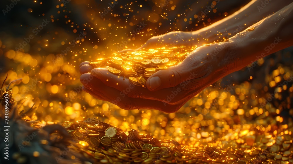 Wall mural Hands holding gold coins glowing poster background - Wall murals