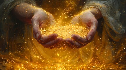 Hands holding gold coins glowing poster background