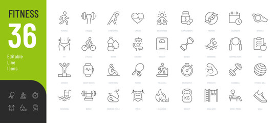 Fitness Line Editable Icons set. Vector illustration in modern thin line style of sport related icons: types of physical activity, proper nutrition, and sports equipment. Isolated on white.