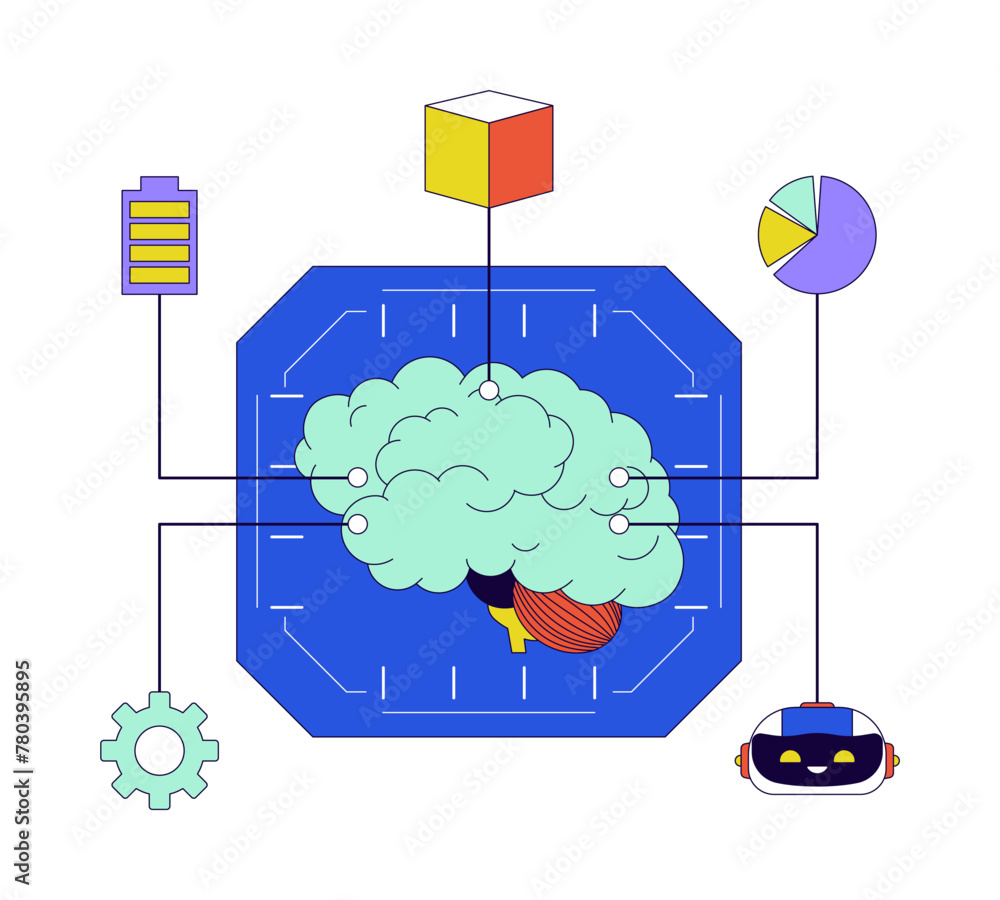 Poster machine learning brain 2d linear illustration concept. data analytics software. computing platform c