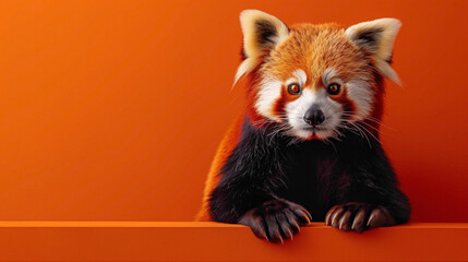 a Red panda Climbing, studio shot, against solid color background, hyperrealistic photography,...