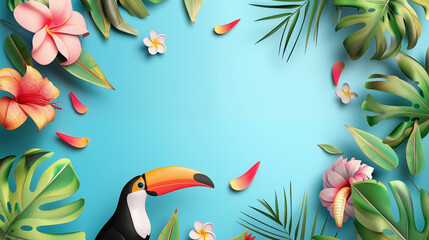 .Summer background with toucan, flowers and leaves with place for text..