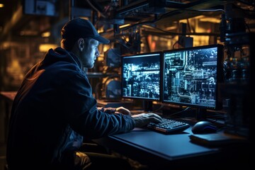 A man is seated at a desk, focused on monitoring drilling progress on two computer monitors. He appears to be analyzing data and making adjustments as needed - Powered by Adobe