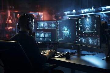 A man is seated in front of two computer monitors, focused on the screens. The monitors display work-related content, suggesting he is engaged in tasks requiring a dual-screen setup for efficiency