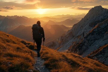 Mountain Man with backpack hiking in the mountains at sunset - obrazy, fototapety, plakaty