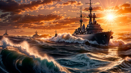 Warships in stormy sea on sunset background