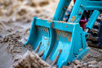 Teal blue sandbox digger, close shot, detailed texture, colorful, no children visible - obrazy, fototapety, plakaty