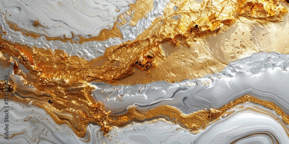 Canvas Prints Gold and silver metallic abstract with a liquid-like appearance, set on a white background.