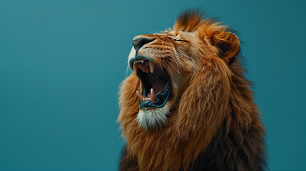 a roaring lion, studio shot, against solid color background, hyperrealistic photography, blank space for writing