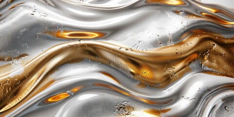 Gold and silver metallic abstract with a liquid-like appearance, set on a white background.