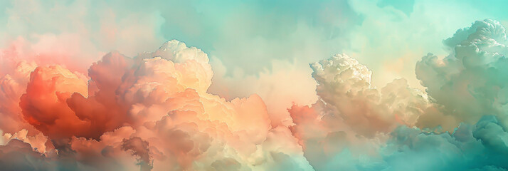 A peach and teal sky with clouds , colorful clouds background, cloudy sunset	, banner
 - obrazy, fototapety, plakaty