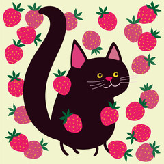 Funny black cat with strawberries vector illustration