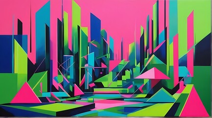 Explore a vibrant world of neon greens, hot pinks, and electric blues as geometric shapes dance across an abstract landscape.