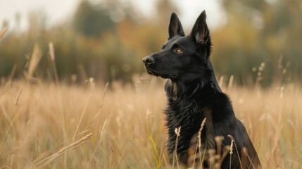 Black Kelpie dog sitting attentively in a golden field during autumn