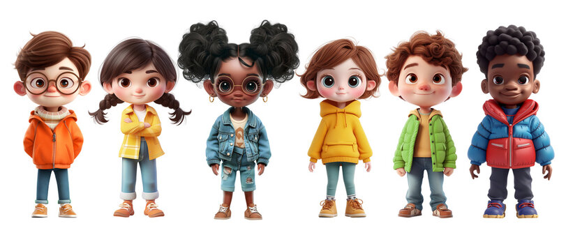 Cute Cartoon Realistic Happy Children Characters Set
