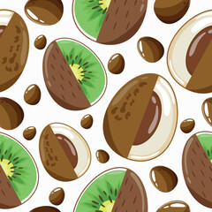 Easter seamless pattern with decorated eggs with kiwi, longan and colorful eggs for holiday poster, textile or packaging	