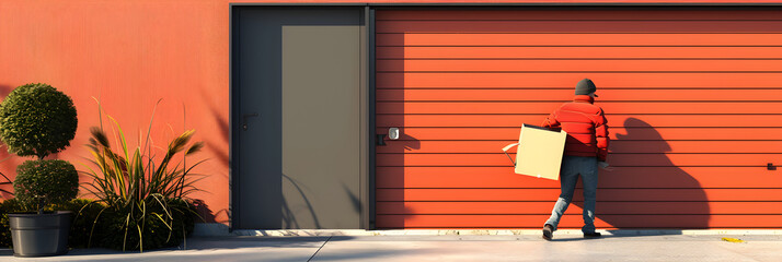 female picking up cardboard boxes packages on front of red metal shutter, Woman Collecting Cardboard Packages: Red Metal Shutter Background
