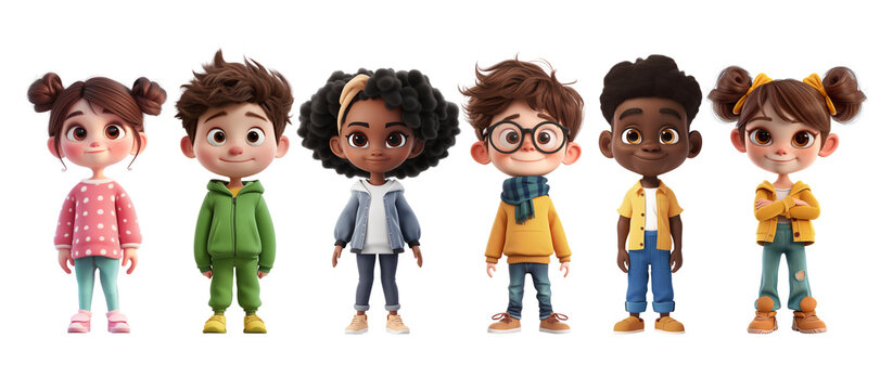 Cute Cartoon Realistic Happy Children Characters Set