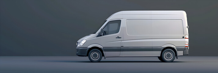 3D Illustration White van mockup isolated on gray background, Van Presentation Template: 3D Illustration on Gray Background