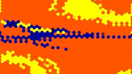 Orange abstract background with yellow stains and navy blue stains with hexagon dots