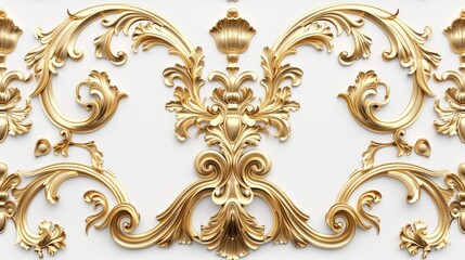 a rich golden baroque ornament delicately engraved on a pristine white background. The intricate details and lavish curves of the design exude opulence and sophistication SEAMLESS PATTERN