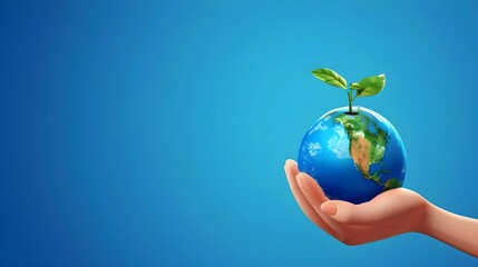 3D illustration of a hand holding the Earth with a green sprout against a blue background. awareness and environmental protection
