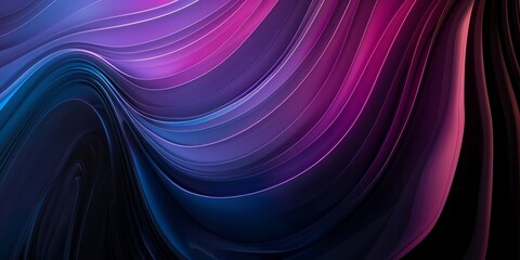 Fototapeta premium Abstract composition featuring a vertical gradient from dark brown to purple and then blue, set on a black background. Abstract curved lines at different heights add depth and texture.