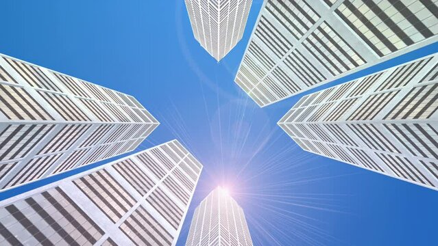 Low Angle Shot Of Skyscrapers With Lens Flare. City Related 3D Animations.