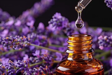 Lavender essential oil pouring from dropped into an amber bottle against a lavender flowers. Dropper filled herbal oil is pouring against blooming field, close-up. Health care, relaxation. Spa massage - obrazy, fototapety, plakaty